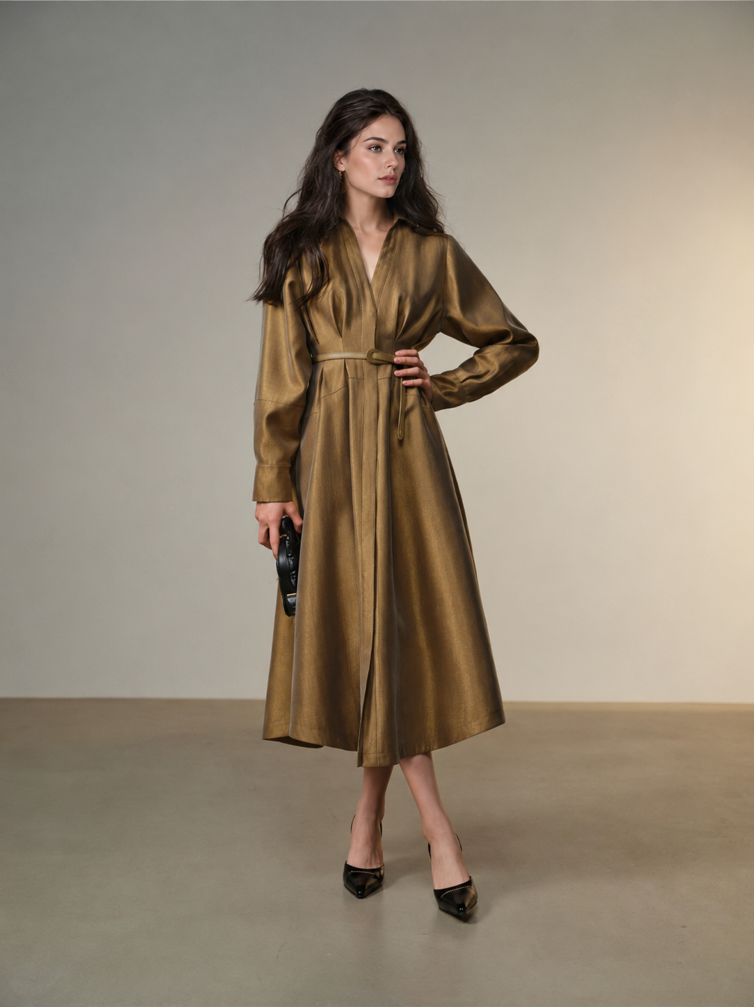 Belted Long Sleeve Satin Shirtdress - Gold Brown