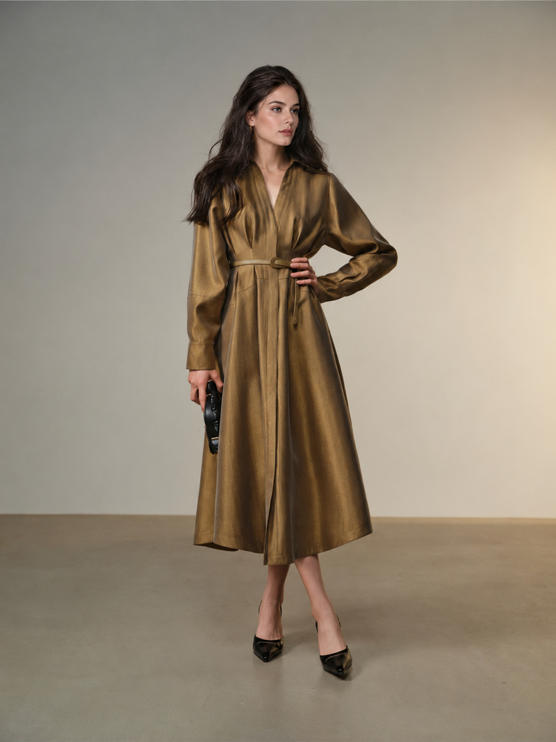 Belted Long Sleeve Satin Shirtdress - Gold Brown