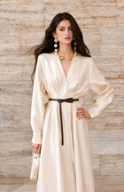 Belted Long Sleeve Satin Shirtdress - White