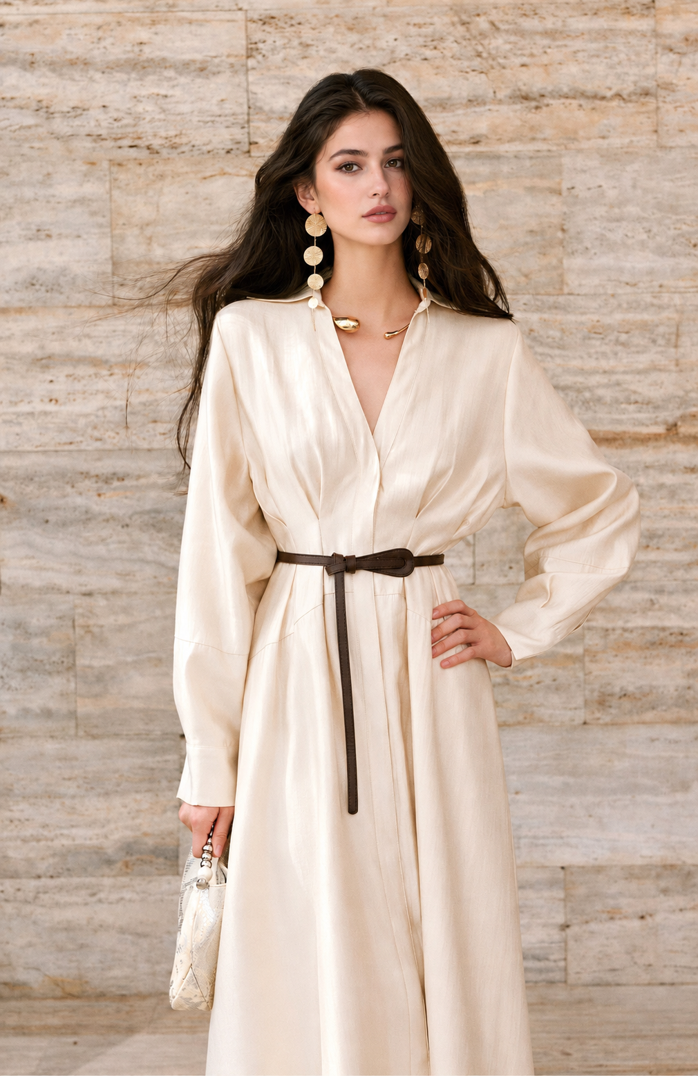 Belted Long Sleeve Satin Shirtdress - White