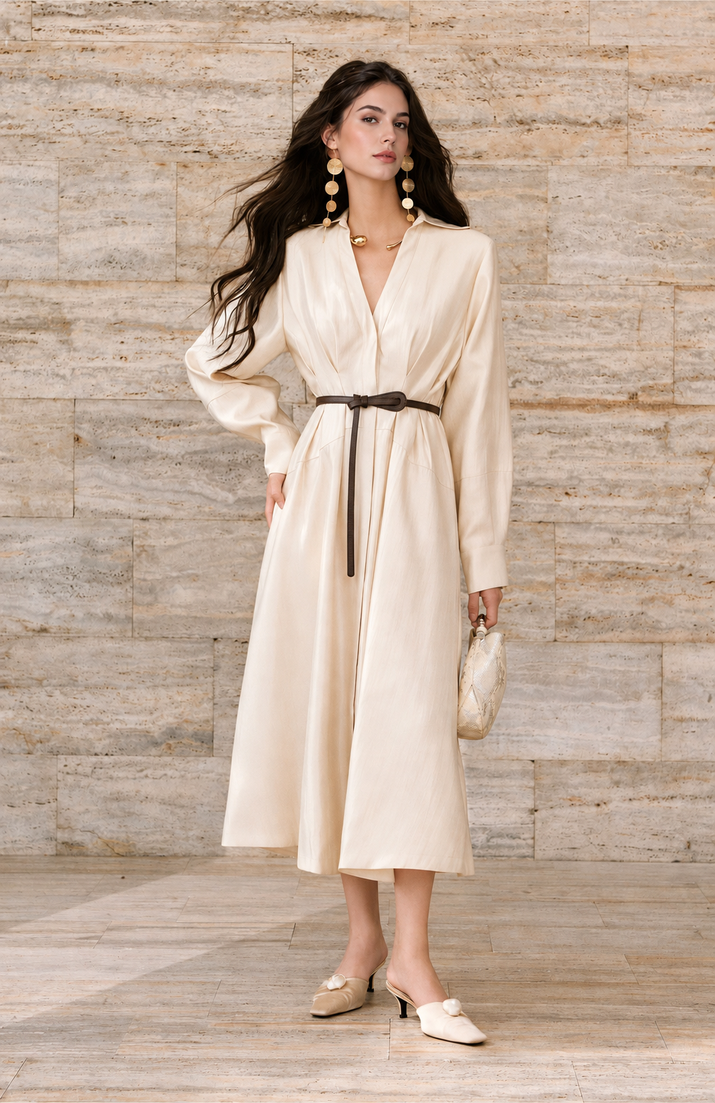 Belted Long Sleeve Satin Shirtdress - White