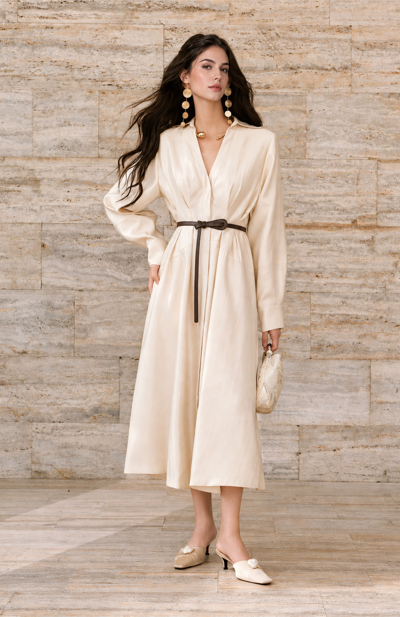 Belted Long Sleeve Satin Shirtdress - White