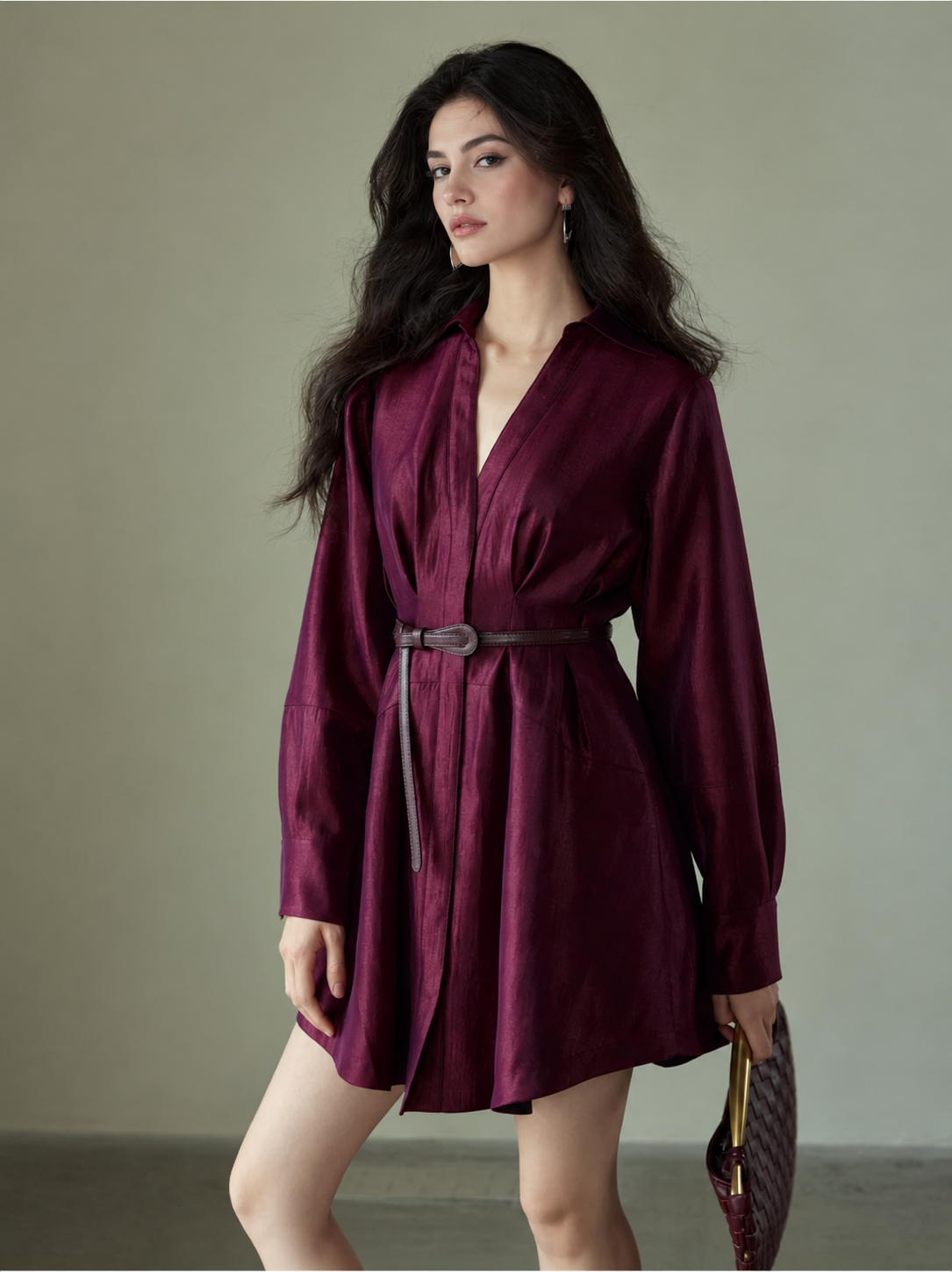 Belted Long Sleeve Satin Shirtdress - Wine