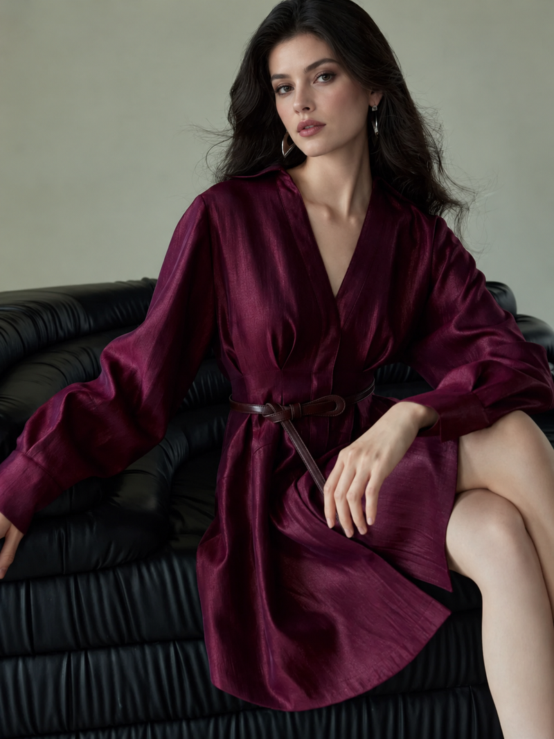 Belted Long Sleeve Satin Shirtdress - Wine