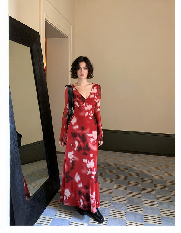 Red Floral V-Neck Long-Sleeve Midi Dress, red floral, front view