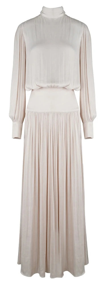Champagne High-Neck Pleated Evening Maxi Dress - garment detail