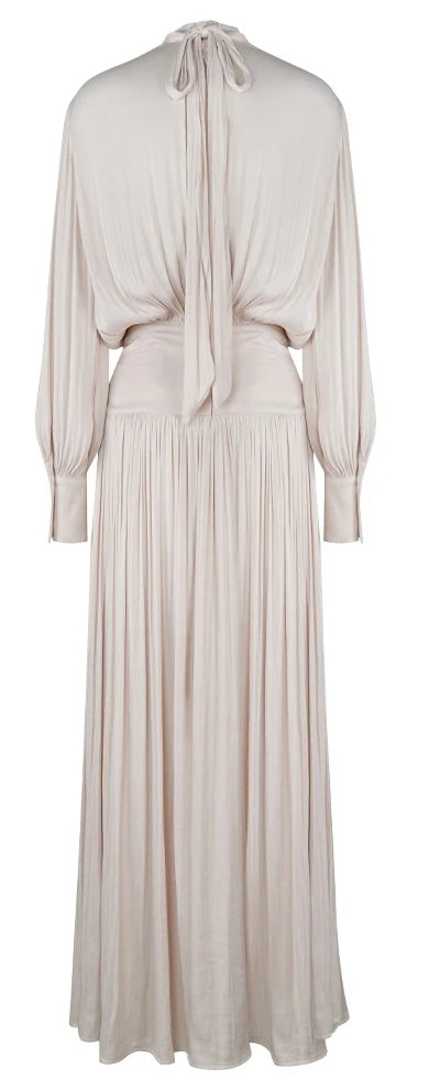Champagne High-Neck Pleated Evening Maxi Dress - garment detail