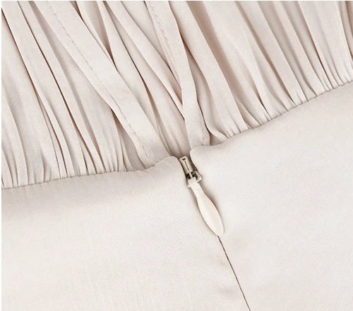 Champagne High-Neck Pleated Evening Maxi Dress - garment detail