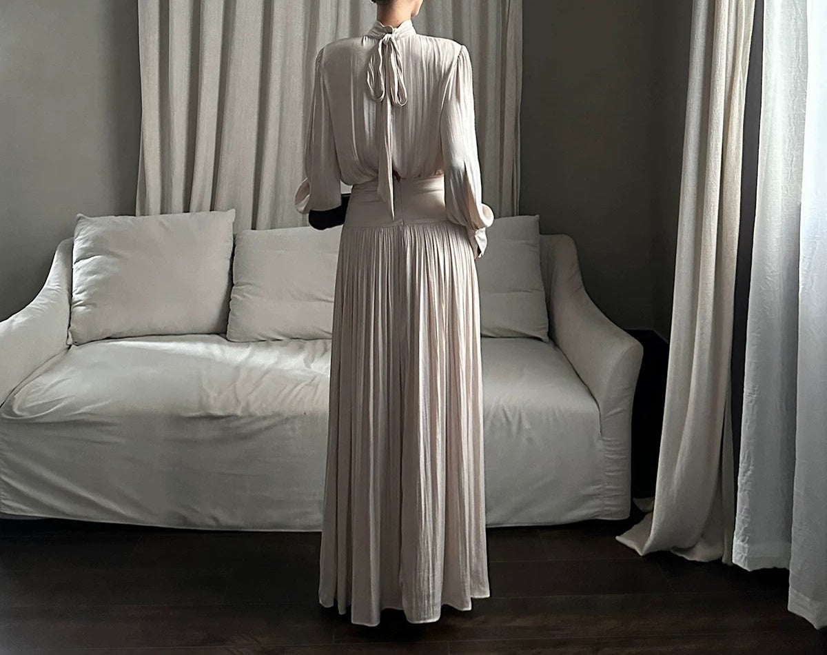 Champagne High-Neck Pleated Evening Maxi Dress - garment detail