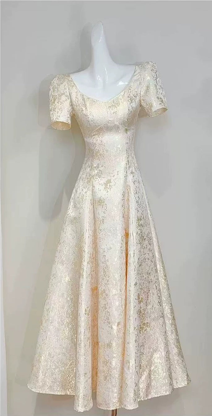 Gold Lace Short-Sleeve A-Line Evening Dress - garment detail