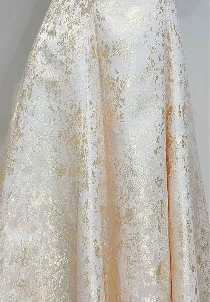 Gold Lace Short-Sleeve A-Line Evening Dress - garment detail