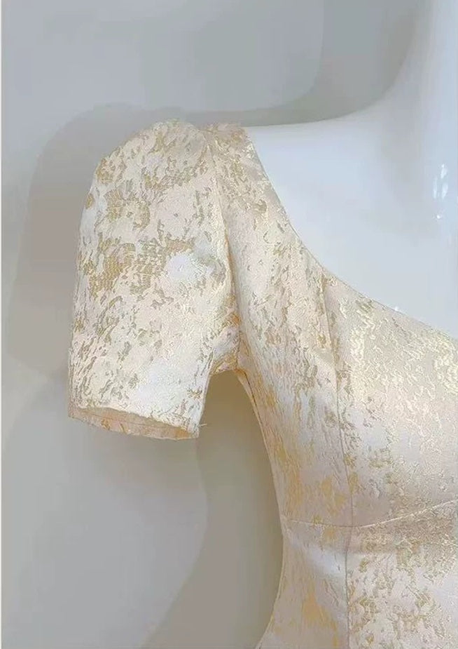 Gold Lace Short-Sleeve A-Line Evening Dress - garment detail
