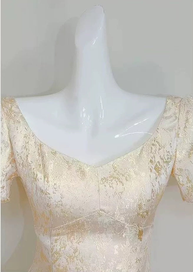 Gold Lace Short-Sleeve A-Line Evening Dress - garment detail