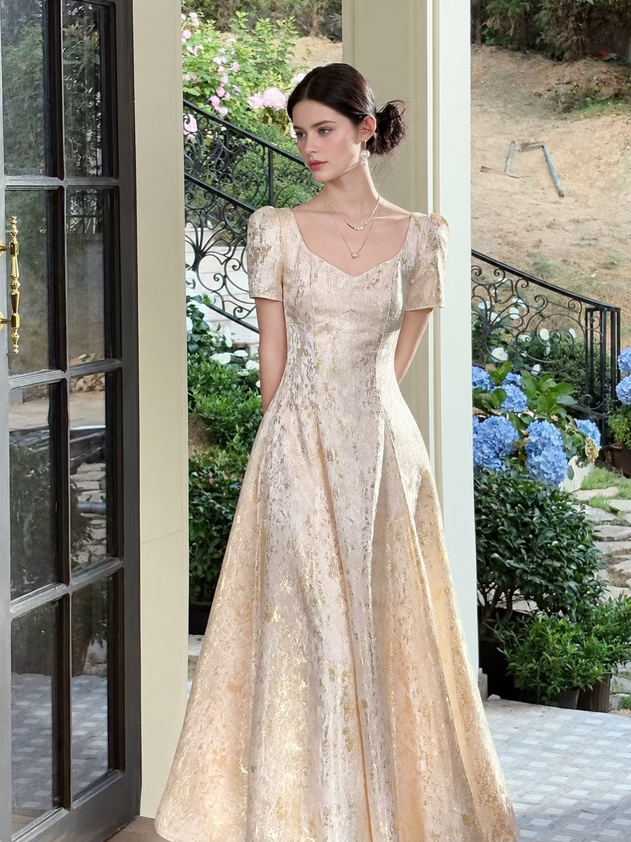 Gold Lace Short-Sleeve A-Line Evening Dress