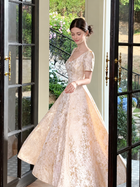 Gold Lace Short-Sleeve A-Line Evening Dress - Gold