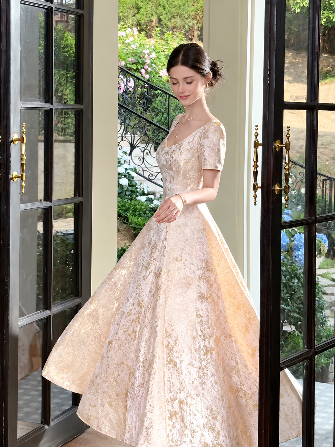 Gold Lace Short-Sleeve A-Line Evening Dress - Gold