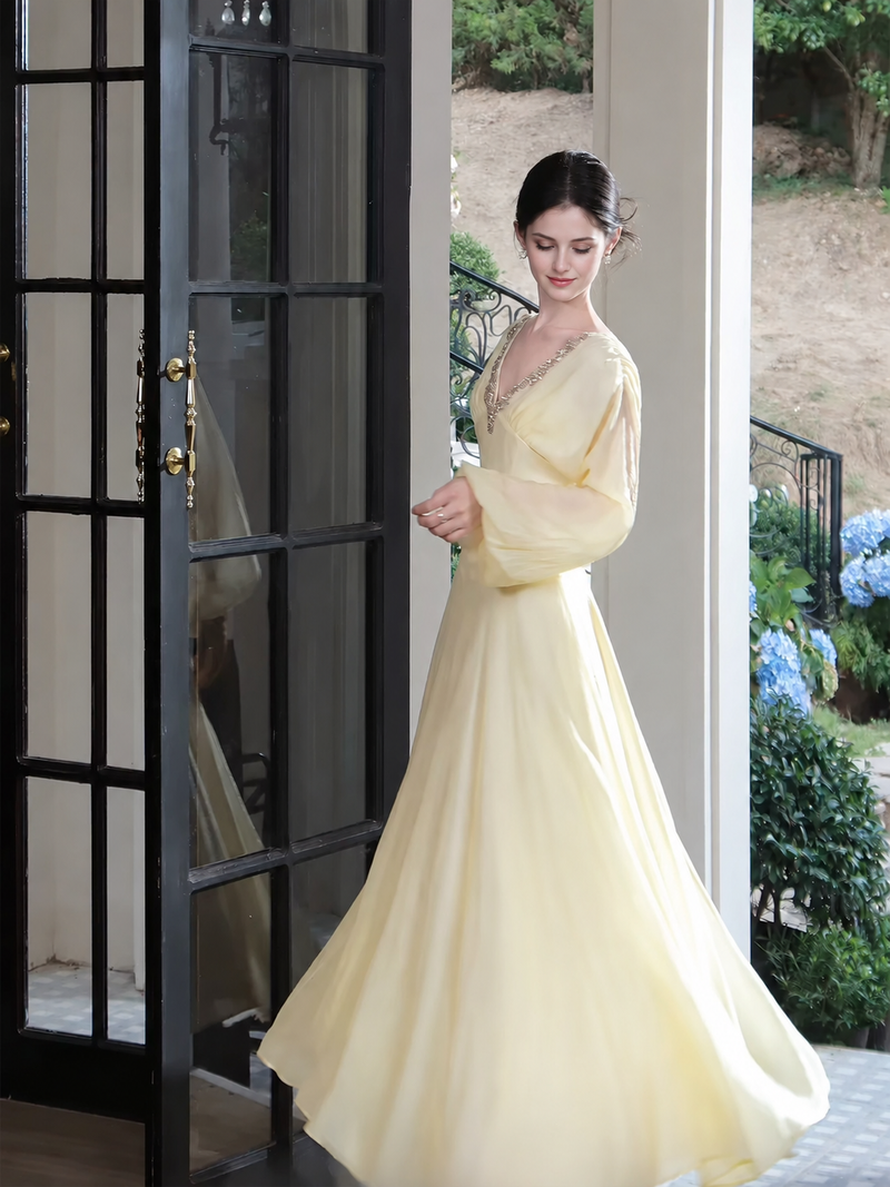 Apricot V-Neck Long-Sleeve Evening Maxi Dress - Apricot