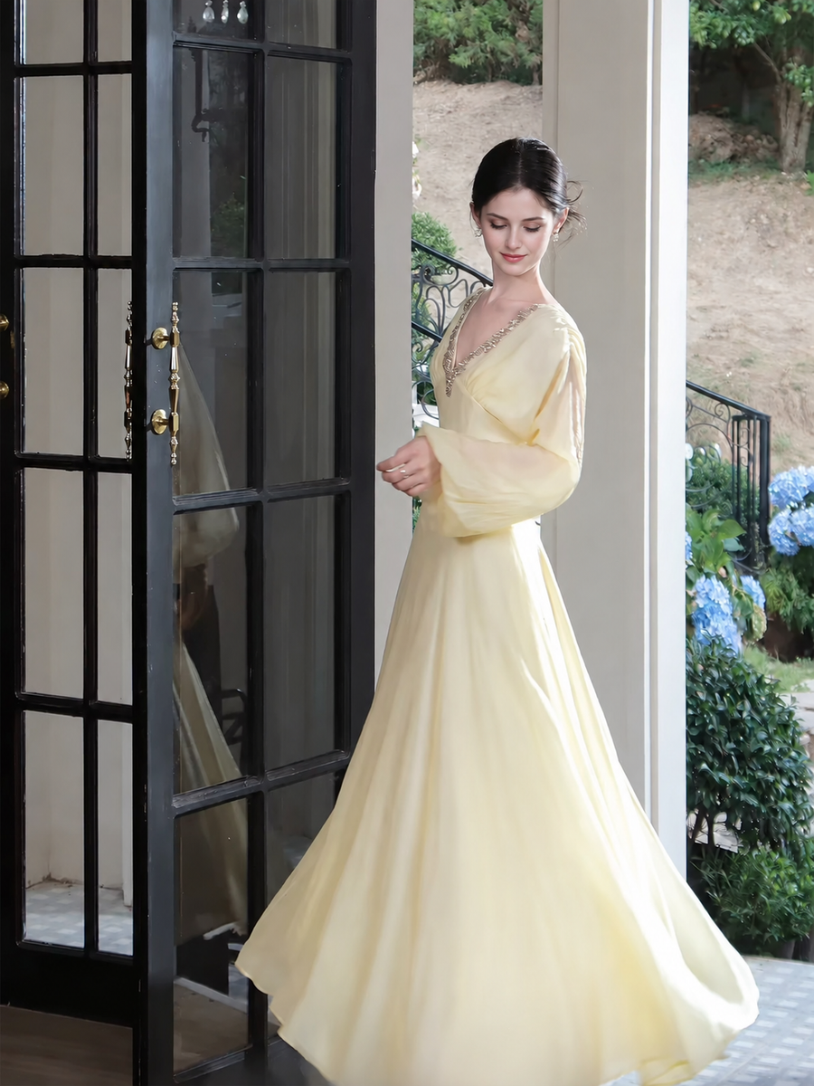 Apricot V-Neck Long-Sleeve Evening Maxi Dress
