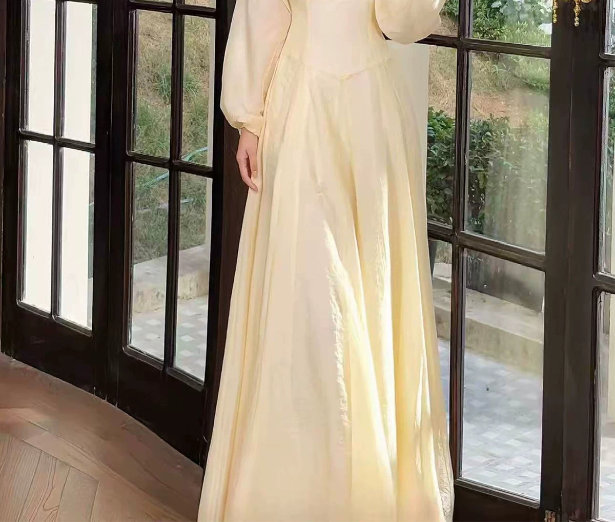 Apricot V-Neck Long-Sleeve Evening Maxi Dress - garment detail
