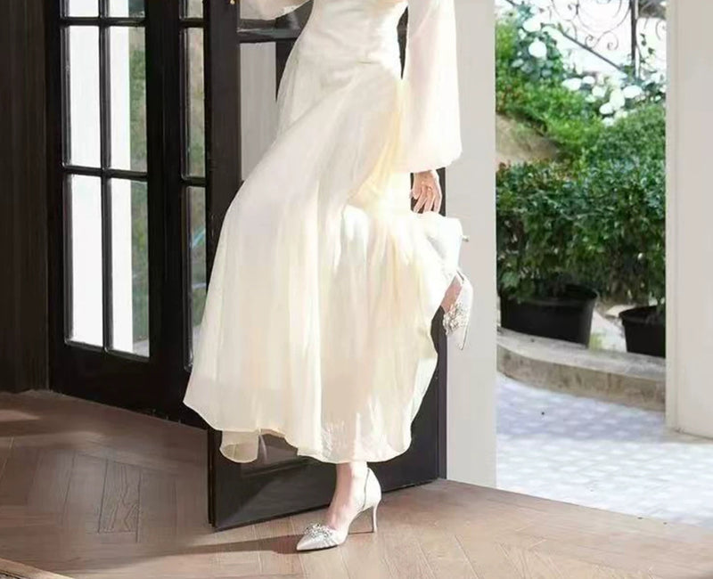 Apricot V-Neck Long-Sleeve Evening Maxi Dress - garment detail