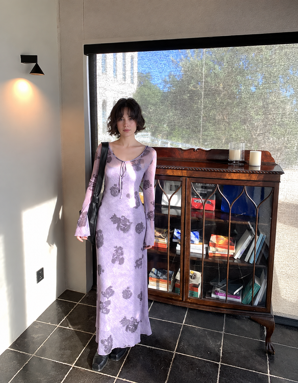 Floral Long-Sleeve Mesh Midi Dress, purple, front view