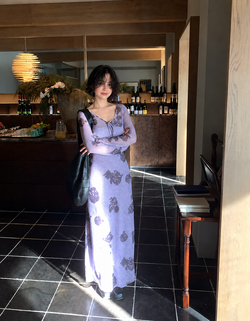 Floral Long-Sleeve Mesh Midi Dress, purple, additional view