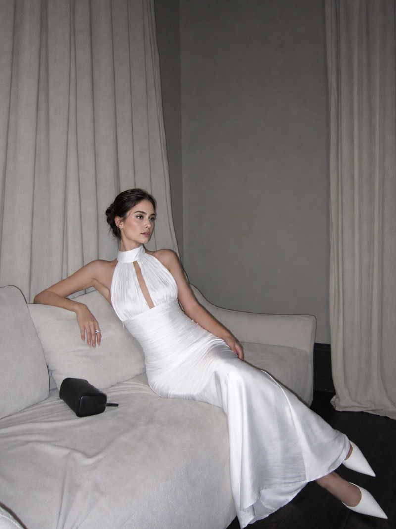 White Keyhole Halter Ruched Satin Maxi Dress - White