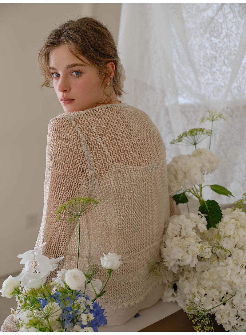 French Openwork Tie-Front Lyocell Linen Knit Cardigan