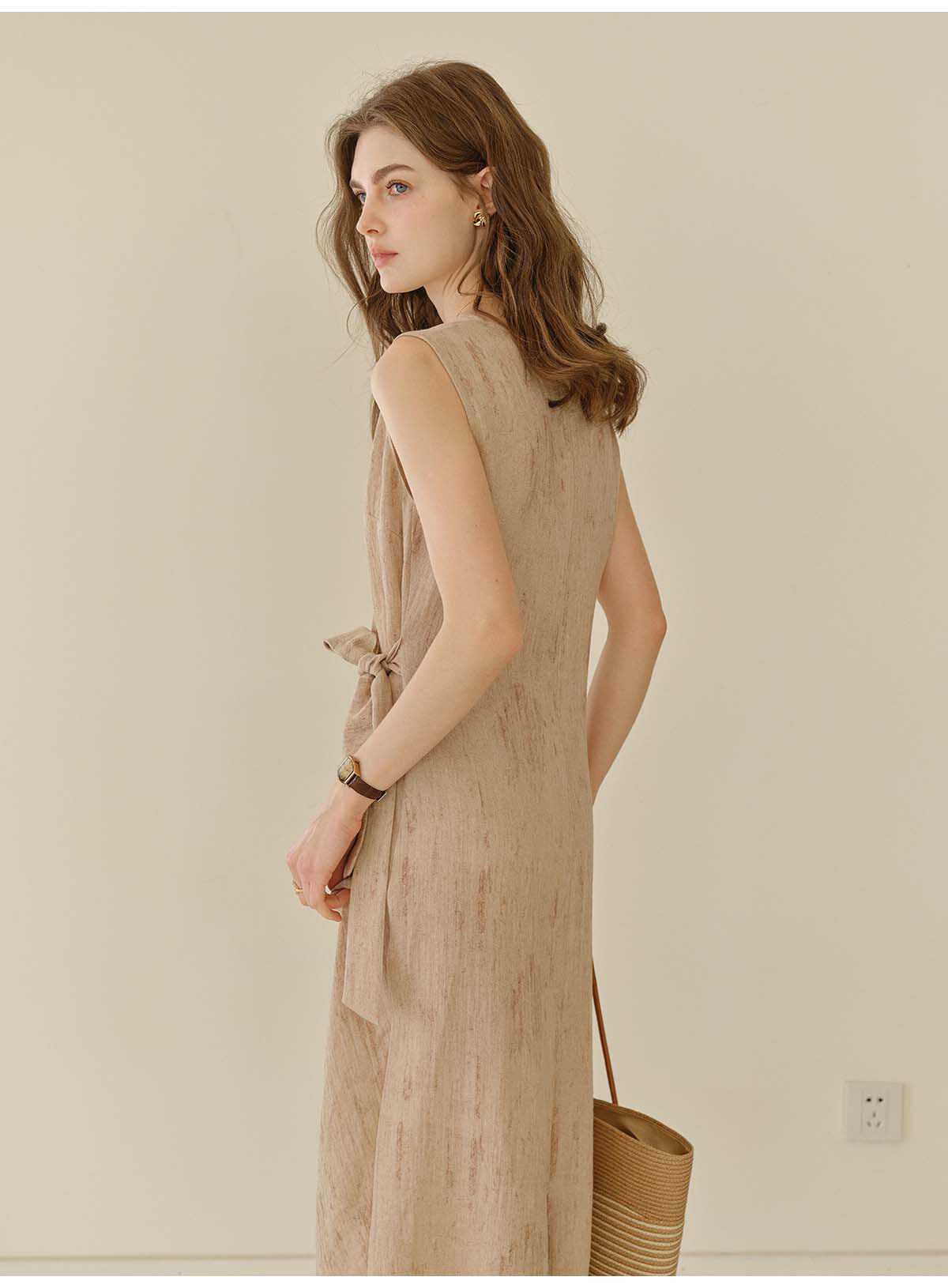 Women's French Tie-Dye Linen Blend Sleeveless Maxi Dress | Belted Waist Tank Dress