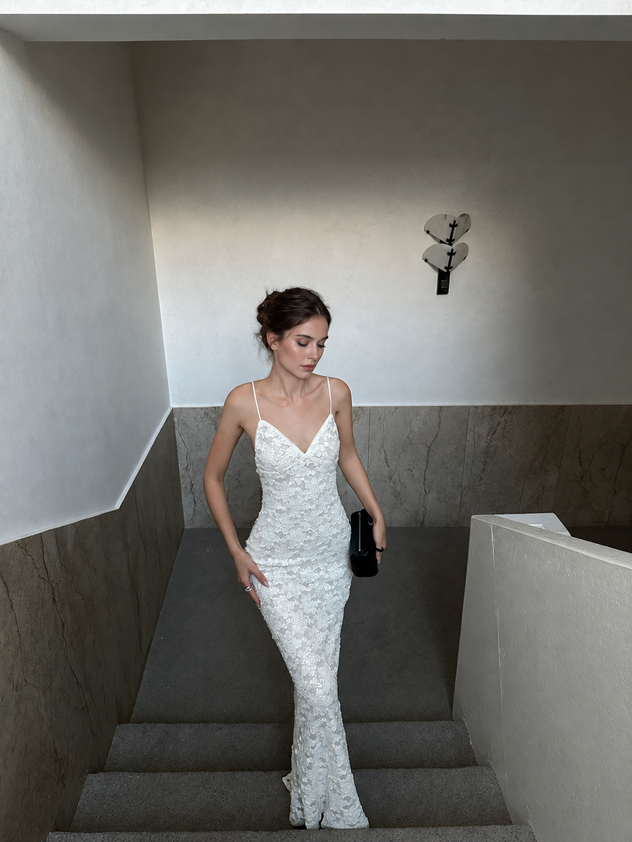 Ivory Floral Lace Spaghetti Strap Maxi Dress