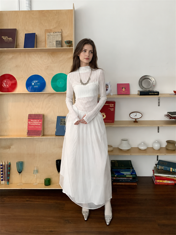 White Long-Sleeve Mixed-Texture A-Line Maxi Dress, white, front view