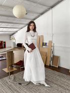 White Long-Sleeve Mixed-Texture A-Line Maxi Dress, white, additional view