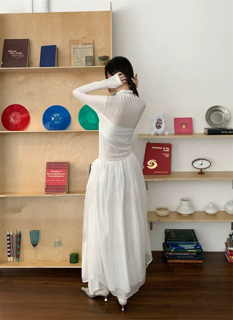 White Long-Sleeve Mixed-Texture A-Line Maxi Dress, White, back