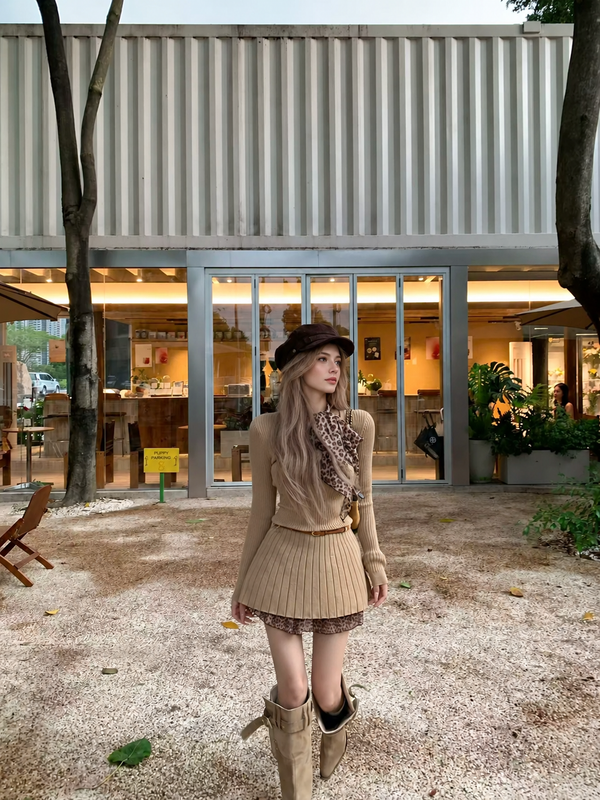 Khaki V-Neck Long-Sleeve Knit Mini Dress, khaki, front view
