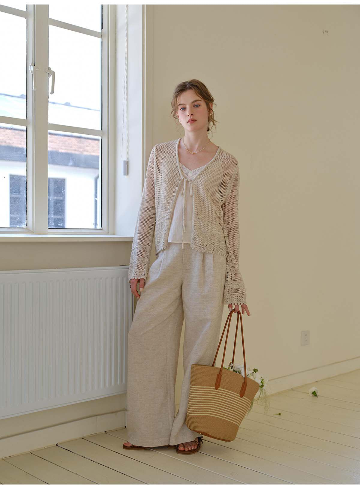 French Openwork Tie-Front Lyocell Linen Knit Cardigan