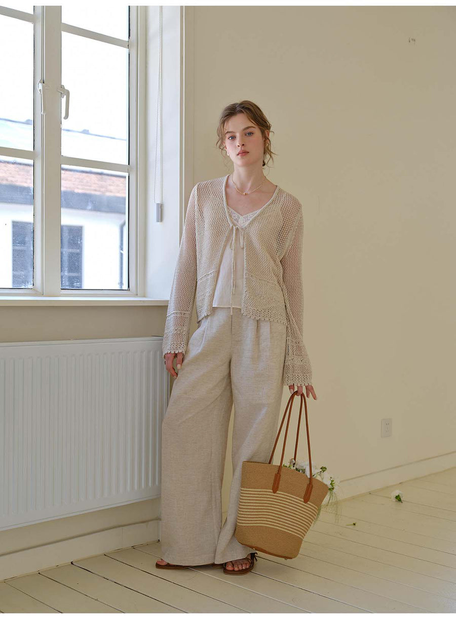 French Openwork Tie-Front Lyocell Linen Knit Cardigan