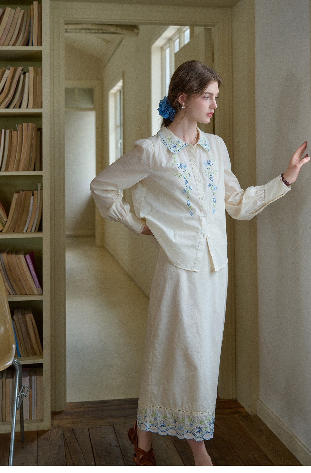 Women's 100% Cotton Embroidered Two-Piece Set | Peter Pan Collar Blouse & Maxi Skirt