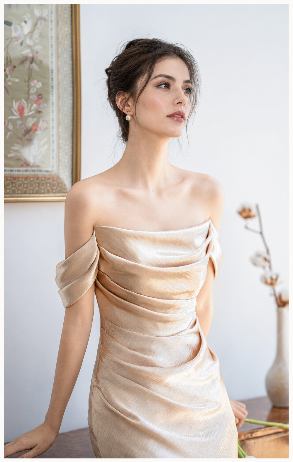 Light Gold Draped Satin Evening Gown - Light Gold