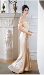 Light Gold Draped Satin Evening Gown - Light Gold