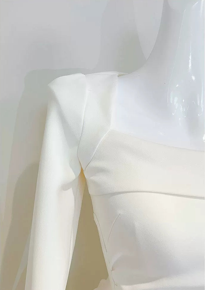 Ivory Square-Neck Long-Sleeve Evening Dress - garment detail