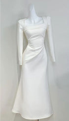 Ivory Square-Neck Long-Sleeve Evening Dress - garment detail