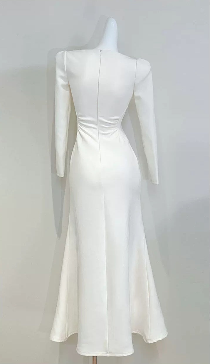 Ivory Square-Neck Long-Sleeve Evening Dress - garment detail