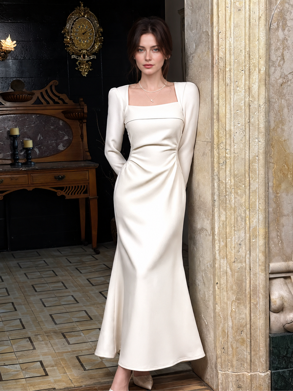 Ivory Square-Neck Long-Sleeve Evening Dress - Ivory