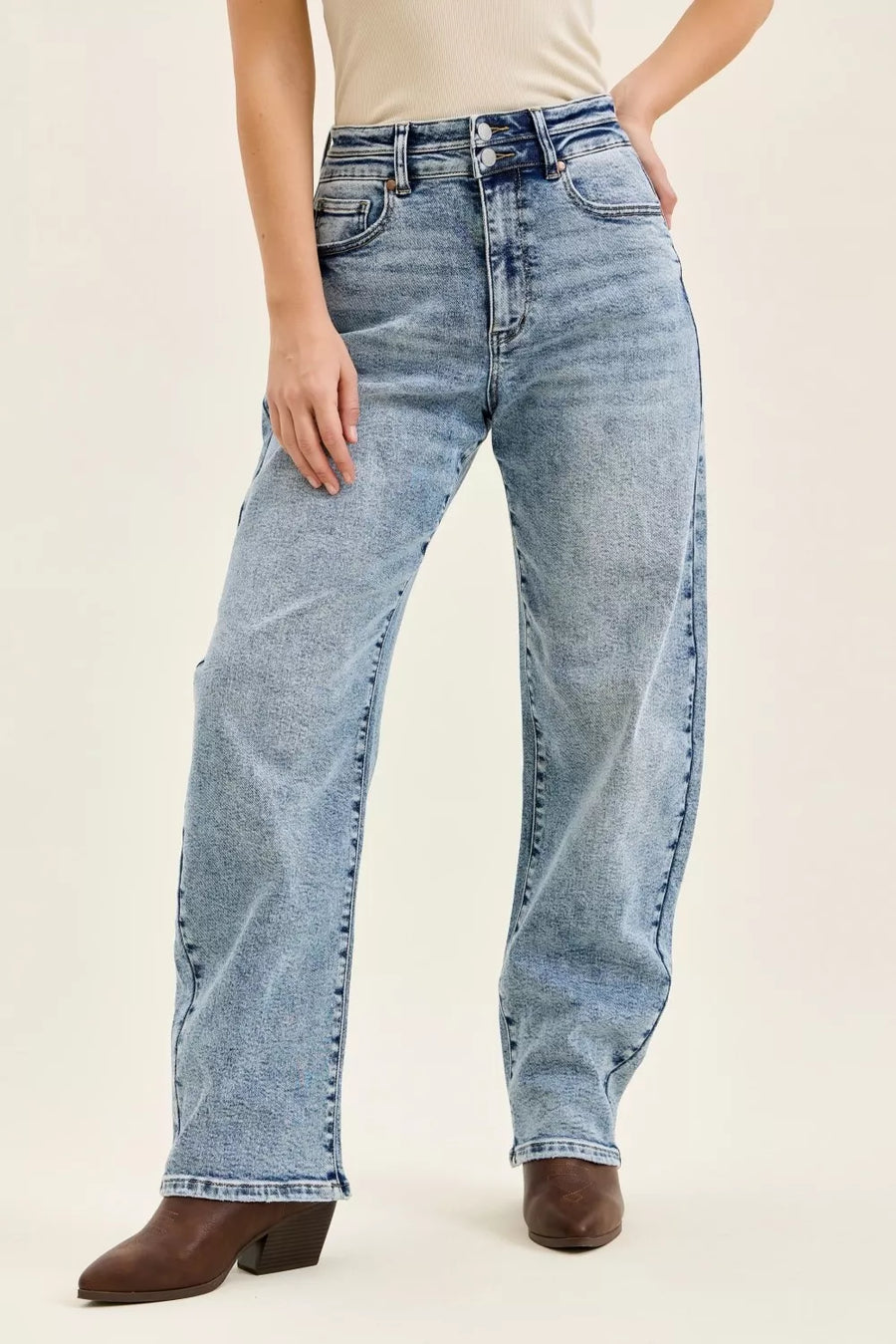 Blue Full Size High Waist Marlow Arc Leg Jeans with Double Waistband Plus Size
