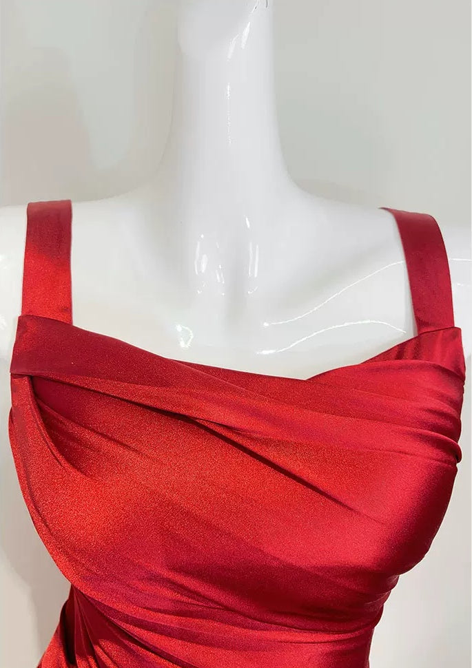 Red Satin Cascade-Ruffle Evening Maxi Dress - garment detail