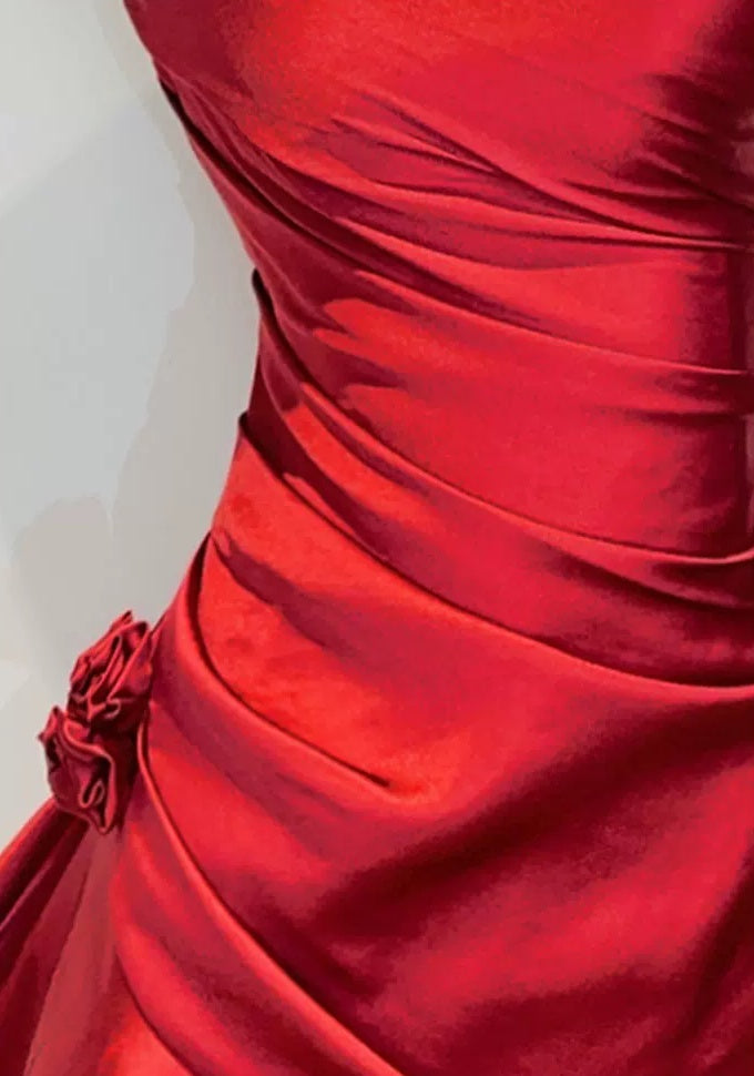 Red Satin Cascade-Ruffle Evening Maxi Dress - garment detail
