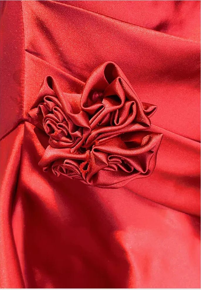 Red Satin Cascade-Ruffle Evening Maxi Dress - garment detail