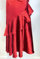 Red Satin Cascade-Ruffle Evening Maxi Dress - garment detail