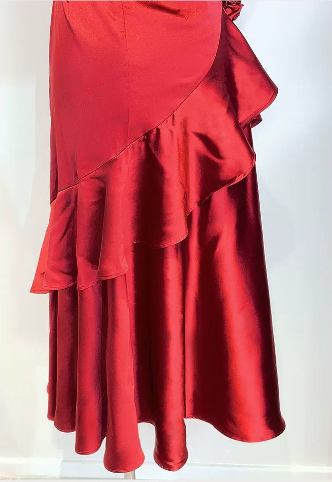 Red Satin Cascade-Ruffle Evening Maxi Dress - garment detail