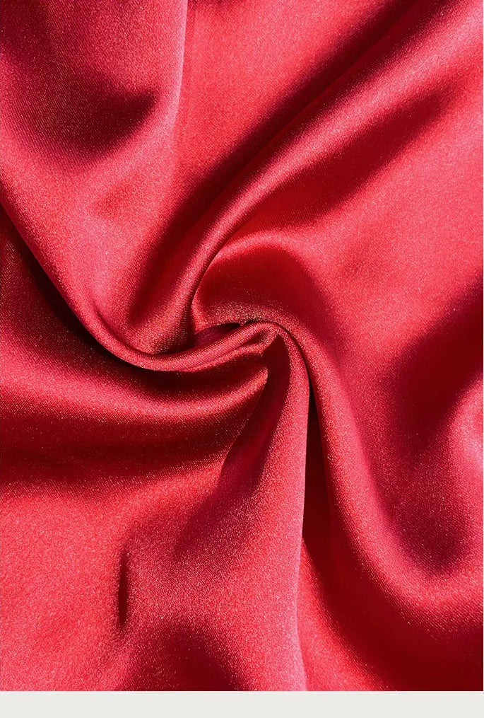 Red Satin Cascade-Ruffle Evening Maxi Dress - garment detail